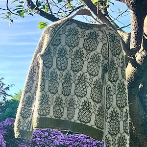 Può includere: Un maglione in maglia a maniche lunghe con un motivo ripetuto di ananas in verde scuro e crema. Il capo presenta uno scollo rotondo, polsini a coste e un orlo a coste, realizzati in un filato verde scuro a tinta unita che contrasta.