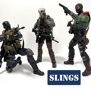 May include: Three action figures of soldiers in tactical gear, each holding weapons. One figure kneels, another stands, and the third is aiming a pistol. The figures are in various shades of green, black, and brown. The word "SLINGS" is in a blue rectangle.