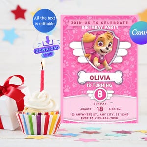 Invito di compleanno modificabile per cani / Invito di cuccioli modificabile / Invito di compleanno per ragazze / Invito per feste a forma di zampa / Modello digitale / canva