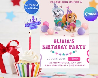 Editable Paw-ty Birthday Invitation Template, Kids Party Invitation, Puppy Patrol Pup Boys & Girls Bday, Instant Download