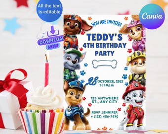 Editable Paw-ty Birthday Invitation Template, Kids Party Invitation, Puppy Patrol Pup Boys & Girls Bday, Instant Download