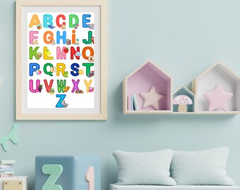 stampa per la camera dei bambini,alfabeto magico,impara l'alfabeto,stampe per bambini,alfabeto colorato,lettere colorate,gioca con l'alfabeto,alfabeto digitale,