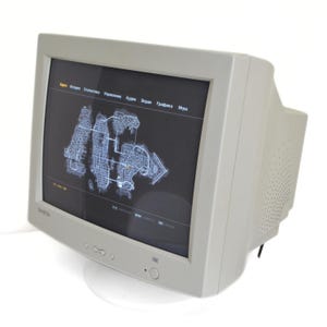 Monitor CRT Samsung vintage de 17", Samsung Samtron 76E S, color beige, modelo retro para juegos, con pantalla VGA, probado y funcionando, incluye soporte para escritorio.