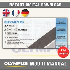 Puede incluir: Una descarga digital de un manual de cámara Olympus MJU II de 122 páginas. El manual está en inglés, francés y alemán. La portada presenta el logotipo de Olympus y el nombre del modelo de la cámara.