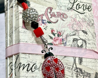 Valentine ladybug charm clip 6.5”, purse, bag, journal, planner, ornament, embellishment, OOAK , altered art