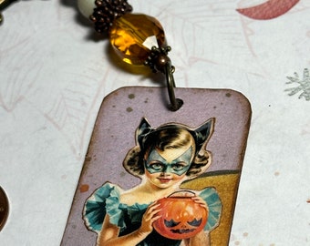 Halloween Charm Clip girl in costume, ,keychain,zipper,journal, spine charm, planner , OOAK handmade , cute retro Halloween embellishment