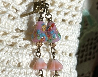 Vintage pink 2”  dangle earrings,  handmade, OOAK, wire wrapped, lever back