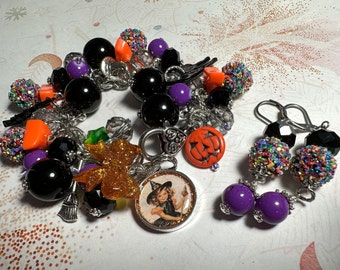 Halloween,chunky Charm bracelet, matching earrings, set , 8.25in length, one of a kind, fun, chunky jewelry