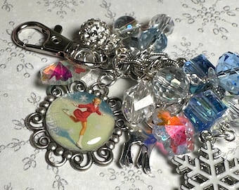 Vintage Ice Skating Christmas 4.5”, charm clip for purse, junk journal, bag, lanyard, ornament, one of a kind