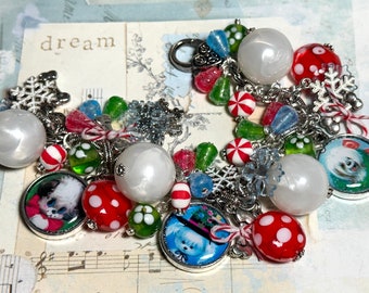 Christmas Puppies , 8 inch charm bracelet , altered art, , OOAK,art charms , holiday jewelry, dogs