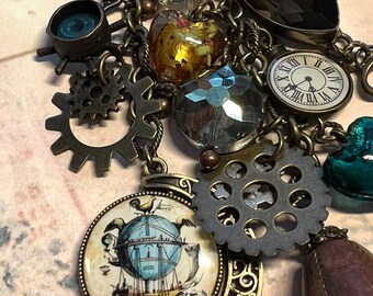 Steampunk altered art charm clip, 6.25in, double sided photo charm, purse charm, junk journaling, embellishment, ornament , lanyard,OOAK