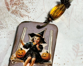 Halloween Charm, Little Witch, keychain, zipper, journal, spine charm, planner , OOAK handmade , cute retro Halloween embellishment