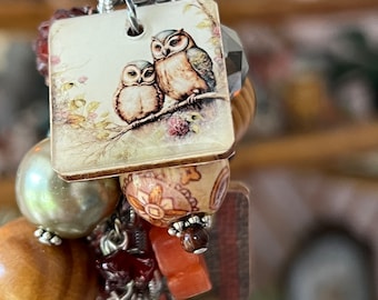 Fall owls 6inch Charm clip for Junk journals, scrapbooks, embellishment, purse, lanyard , ornament , OOAK handmade