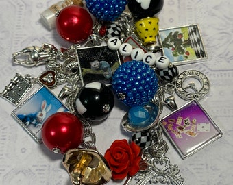 Alice in Wonderland  loaded 7inch Charm clip , purse, junk journal spine, photo charms, OOAK, altered art