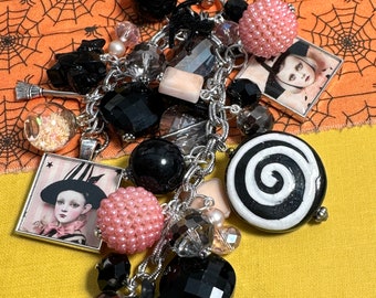 Halloween pink and black Witches,Charm clip,6in, purse charm,planner , junk journal spine charm, ornament, embellishment, altered art, OOAK