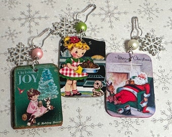 Set of 3 Christmas retro wood tags,  2x1.25in , junk journaling, gift tags, scrapbooking, planner , gift embellishments, ornaments, OOAK