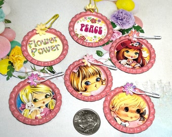Flower Power Retro   bottle cap charm set of 6, junk journals, scrapbooking, tag charms , embellishments, planner charms