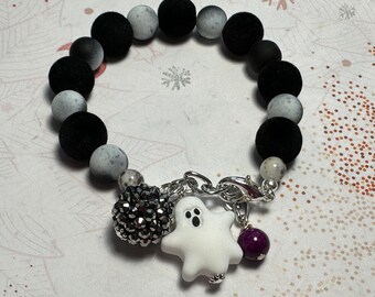 Halloween beaded cute Ghost Bracelet , 8" length, felt beads, handmade jewelry, OOAK