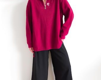 Vintage 90s Troyer Pullover M-XL Oversize Rot Frankenwälder Baumwolle Stick Blumen Cord Ripp Preloved Unikat