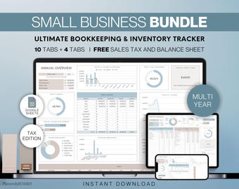 Small Business Bundle Bookkeeping Spreadsheet | Inventory Tracker Accounting Google Sheets | Profit and Loss Income and Expense Sales Tax
