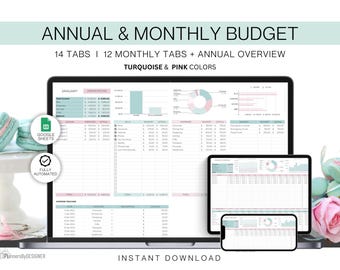 Può includere: Un modello di budget di Google Sheets con 14 schede, tra cui 12 schede mensili e una panoramica annuale. Il modello è progettato con colori turchese e rosa ed è completamente automatizzato. L'immagine mostra uno schermo di laptop che mostra il modello, insieme a un tablet e uno schermo di telefono che mostrano diverse sezioni del modello.