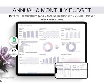 Può includere: Un foglio di calcolo di Google Sheets sullo schermo di un laptop con uno schema di colori viola e rosa. Il foglio di calcolo è intitolato "Dashboard annuale" e mostra una varietà di grafici e diagrammi relativi a entrate, spese e risparmi. Il foglio di calcolo è completamente automatizzato e include 15 schede, 12 schede mensili, un dashboard annuale e totali annuali.