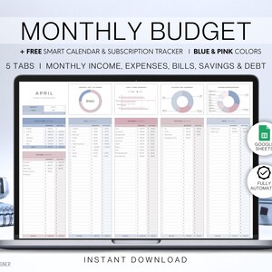 Monthly Budget Spreadsheet | Budget Template for Google Sheets | Expense Tracker Finance Planner Bill Tracker Personal Budget Debt Tracker