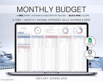 Monthly Budget Spreadsheet | Budget Template for Google Sheets | Expense Tracker Finance Planner Bill Tracker Personal Budget Debt Tracker
