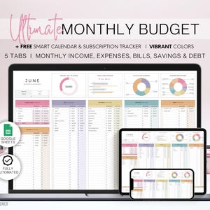 Monthly Budget Spreadsheet | Budget Template for Google Sheets | Expense Tracker Finance Planner Bill Tracker Personal Budget Debt Tracker