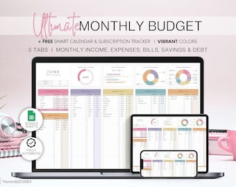 Monthly Budget Spreadsheet | Budget Template for Google Sheets | Expense Tracker Finance Planner Bill Tracker Personal Budget Debt Tracker