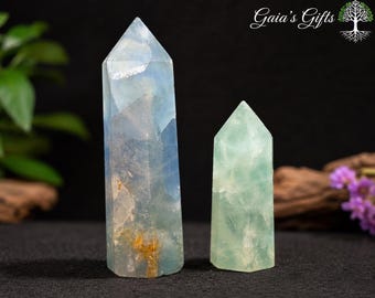 Fluorite Tower Pair | Matching Green and Blue Fluorite Crystal Points | Large & Small Display Set | Collector's Duo