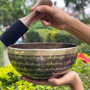 Full Mantra Etching Healing Bowl from Tibet - Handmade Bowl - Tibetan Singing Bowl for meditation and Sound Healing mantra bowl for yoga
