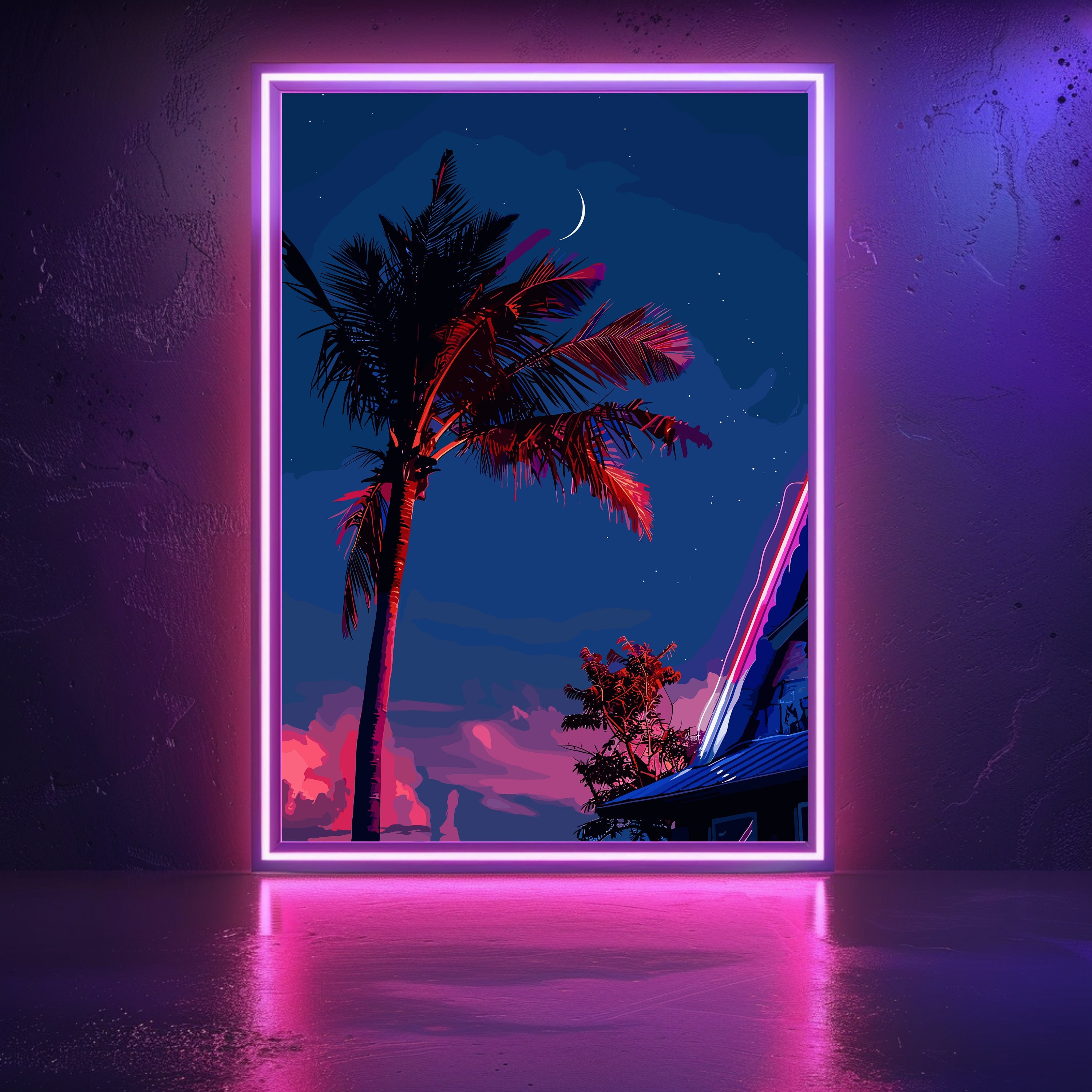 Palm Tree Poster, Neon Artwork, 1980s Aesthetic, Miami Neon