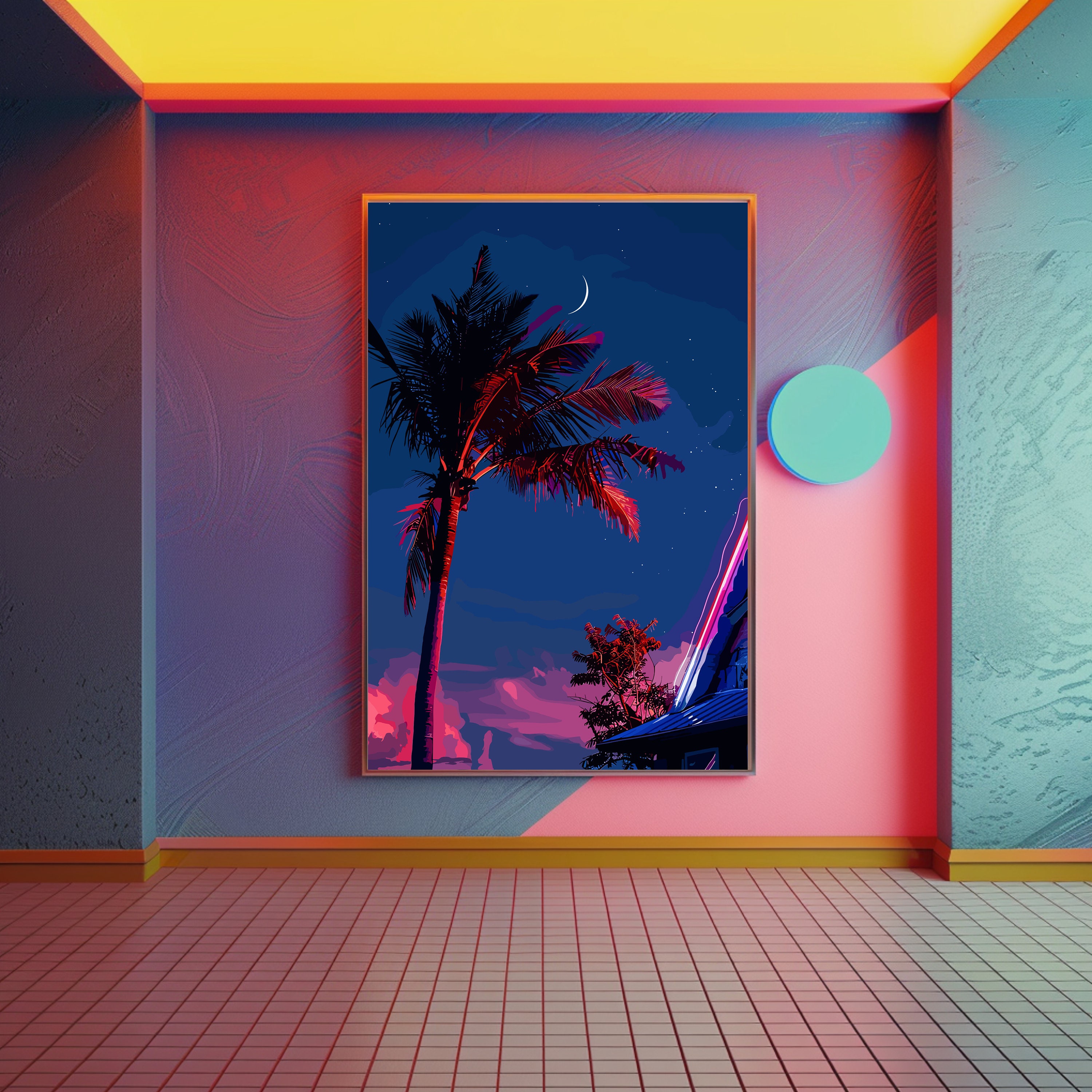 Palm Tree Poster, Neon Artwork, 1980s Aesthetic, Miami Neon