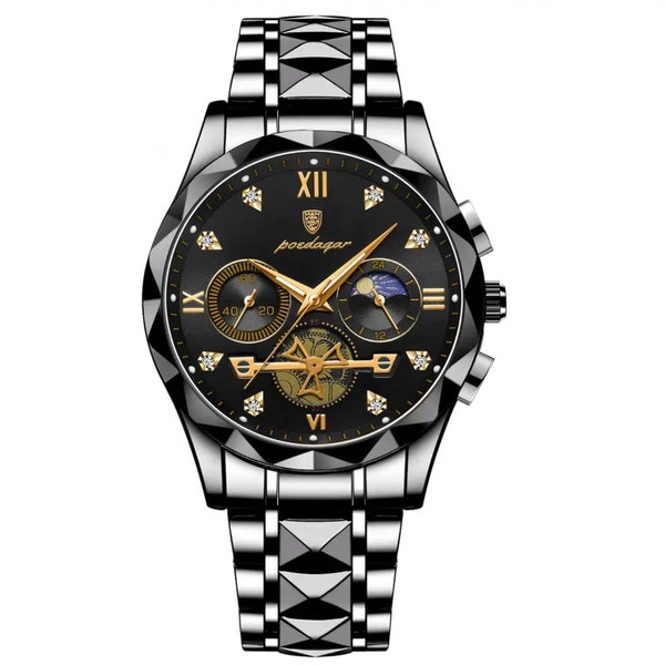 Orologio di lusso da uomo / Orologio al quarzo da uomo in acciaio inossidabile nero / Cronografo luminoso impermeabile
