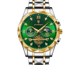 Luxury Watch For Men | Silver Gold and Green Stainless Steel Men's Quartz Watch | Waterproof Luminous Chronograph