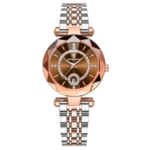 Luxusuhr für Damen Diamant Damen Quarzuhr Wasserdicht Damenuhr aus Edelstahl mit Box Brown