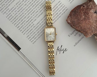 Goldene Damenarmbanduhr, zierliche Uhr für Damen, minimale Uhr mit rechteckigem Zifferblatt, Uhr für den täglichen Gebrauch, Geschenk für sie