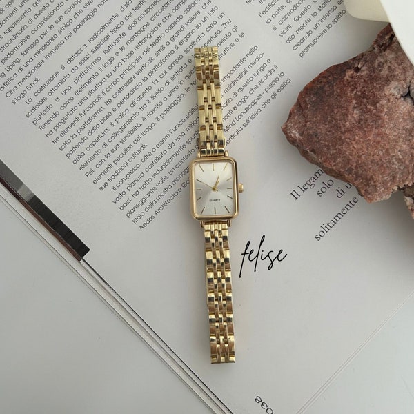 Gold womens wrist watch, Dainty watch for womens, Rectangle dial minimal watch, watch for daily use, Present for her