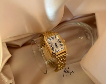 Goldene Damenarmbanduhr, Damenuhr mit römischen Ziffern, Vintage-Damenuhr, zierliche Retro-Uhr, elegante Uhr für Damen, Geschenk für Sie