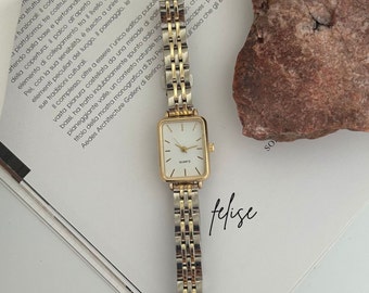 Gold & silver womens wrist watch, Dainty womens watch, Rectangle dial watch, Two tone womens watch, Elegant daily use watch, Present for her