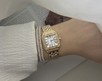 Gold Damen Armbanduhr, Cubic Zirkonia Armbanduhr, Gold Vintage Uhr, schöne Uhr, Zifferblatt römische Ziffern, Geschenk für Sie