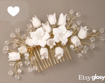 Pettine per capelli in foglia d'oro con accenti di perle di strass / Accessori per gioielli per capelli da sposa