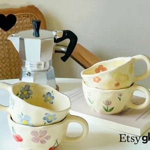 Hand-Pinched Irregular Ceramic Mugs - Flower Coffee Cups for Milk Tea - Korean Style Breakfast Mug