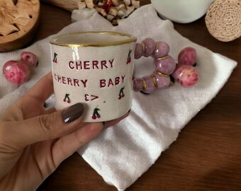 Cherry Cherry Baby Ceramic Mug - Retro Kitchenware - Cherry Pattern Cup