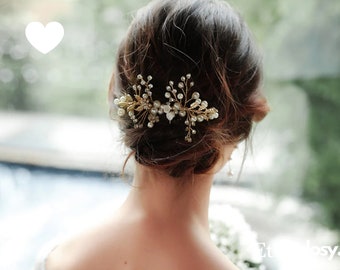 Pettine per capelli in foglia d'oro con accenti di perle di strass / Accessori per gioielli per capelli da sposa