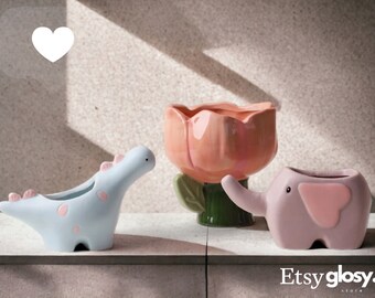 Set of 3 Creative Ceramic Plant Pots - Flower, Elephant, Dinosaur Shape - Ceramic vase Small Flower Vase, Mini Vase, shelf vase,Flower Pot