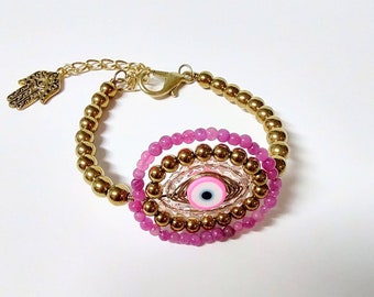 Lucky Evil Eye Protection beaded charm gold hamsa hand hot pink trending charm
