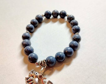 Blue lava rock beaded stretchy bracelet G monogram lucky elephant charms smooth blue jeans color casual fun