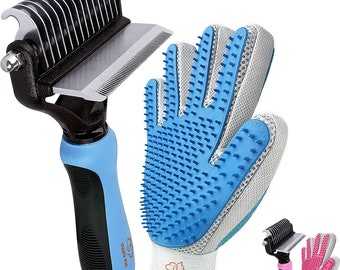 Pet Grooming Kit: Deshedding Brush, Dematting Tools, Shedding Brush Glove - Reduce Shedding up to 95% - Small to Medium Breeds (Blue)